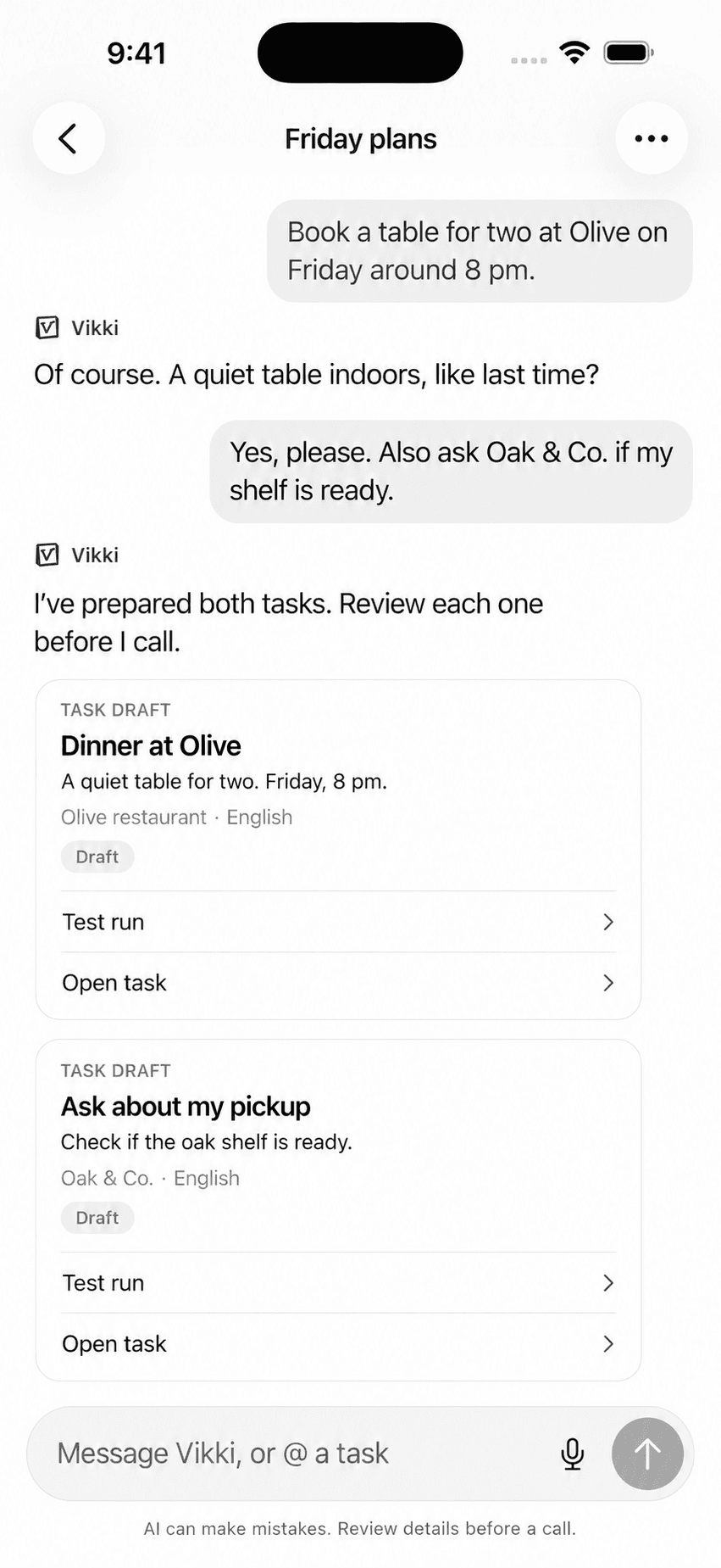 Vikki iOS chat screen with example content. Make a plan with Vikki. Review each task before a call.