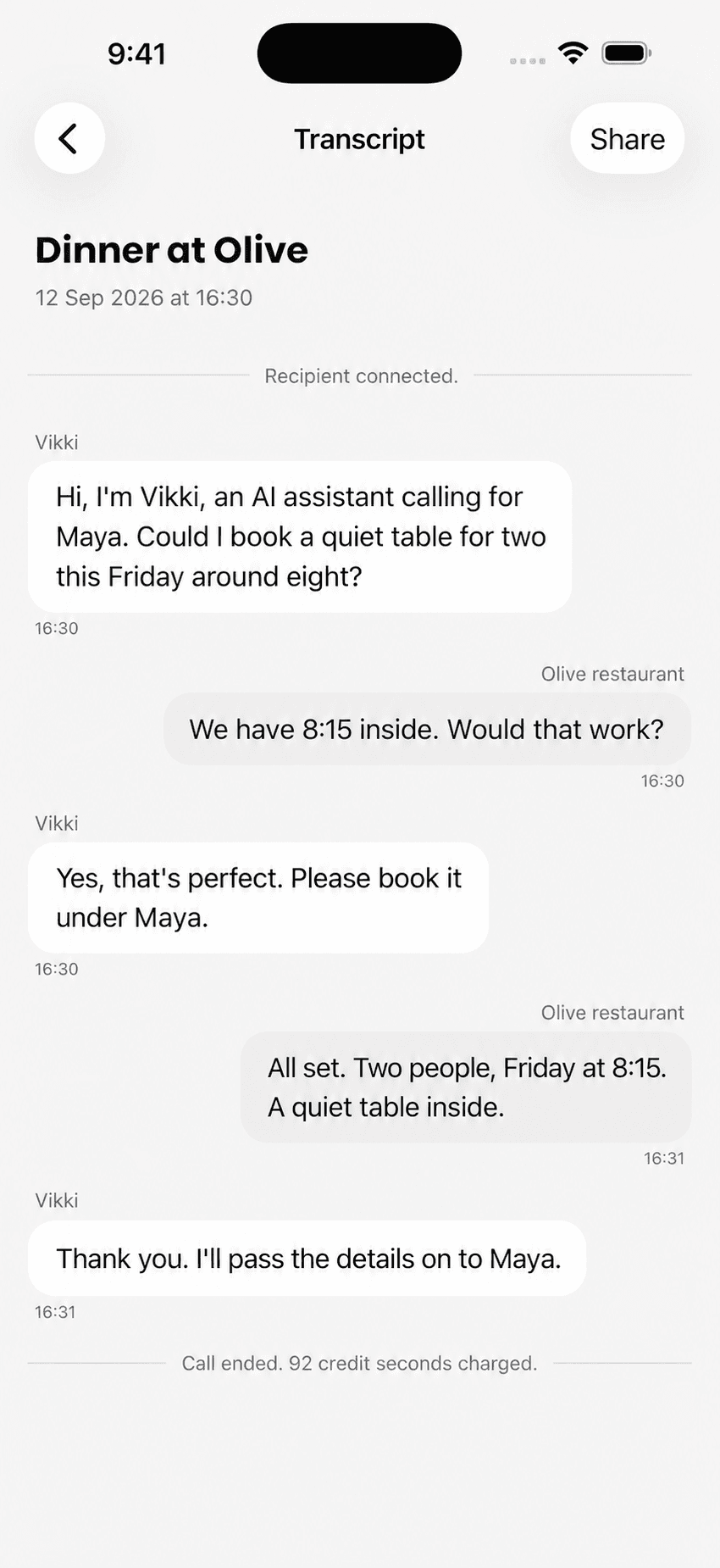 Vikki iOS outgoing screen with example content. Read the conversation and the details Vikki confirmed.